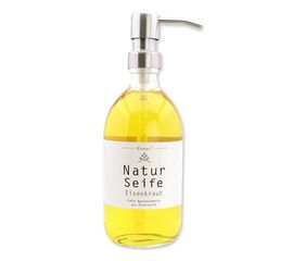 Echte flüssige Naturseife mit Schafmilch 500ml in der Glasflasche mit Metallpumpe Silber, Zirbe