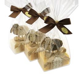 Schafmilchseife eckig 100g dekoriert mit Schaf in Cello, Classic/Zirbe/Sheabutter