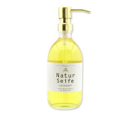 Echte flüssige Naturseife mit Schafmilch 500ml in der Glasflasche mit Metallpumpe Gold, Zirbe