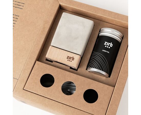 Edele Verpackung, Zirb Mini, zirbmini, arvemini, kleiner Wohnraumlüfter, Wohnraumlüfter, Duft für Nahbereich