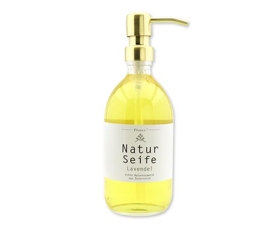 Echte flüssige Naturseife mit Schafmilch 500ml in der Glasflasche mit Metallpumpe Gold, Zirbe